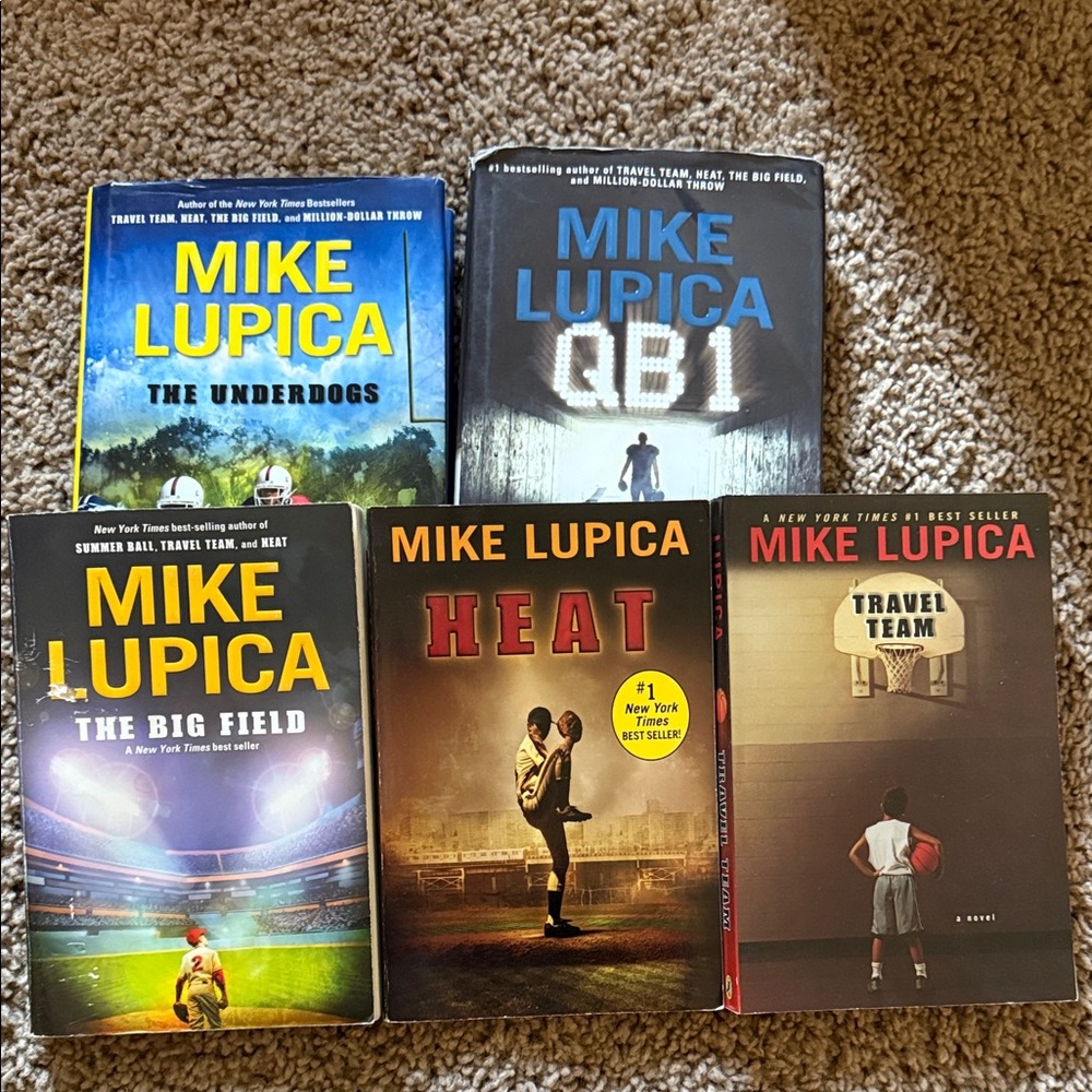 Mike Lupica book series.  2 hard back, 3 soft back.  See description.